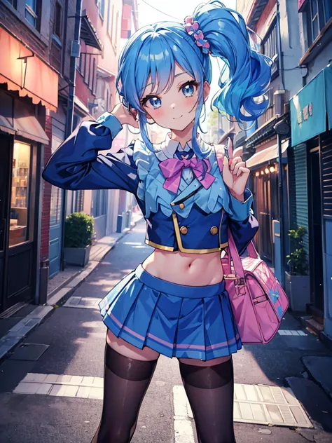 aikatsu,side_ponytail,blue hair,(nsfw:0.7),realism, (realistic:0.85), illustration, (old city:1.1), flasher, public indecency,  ...