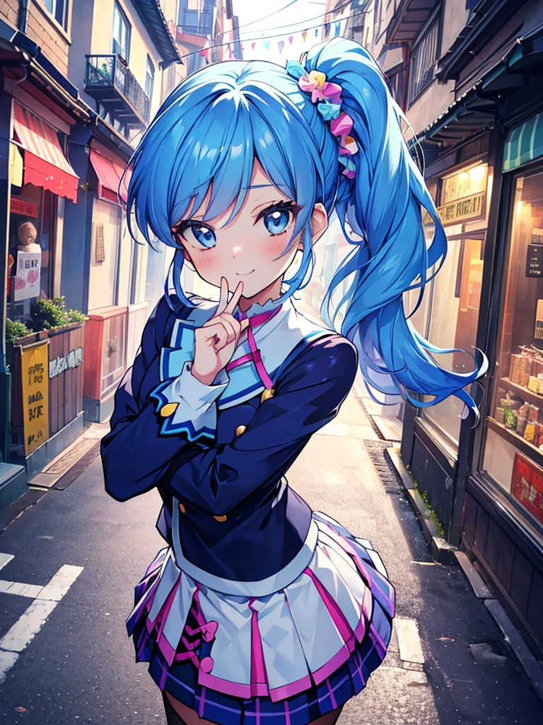 aikatsu,side_Ponytail,Blue HAIR,(nsfw:0.7),realism, (realistic:0.85), illustration, (old city:1.1), flasher, public indecency,  💫👧💖 is (standing:1.3) and wearing [harajuku school uniform:(kawaii pattern on clothes:1):(accessories on clothes:1.5):0.3], (cute accessories on multilayered hair:1.3), long sleeves, seductive grin smug, small breast, skirt, fishnet pantyhose, (revealing clothes:1.2), (colorful micro bikini:1.1), (forward pelvic:1.3), spread legs, hands behind head, fisheye