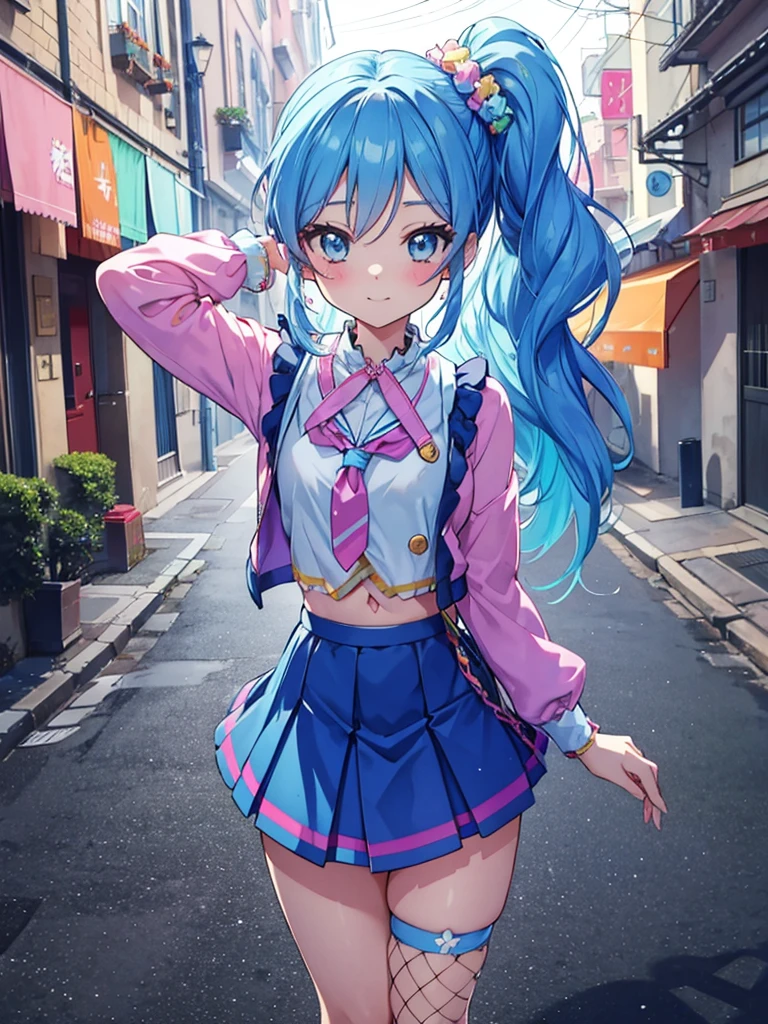 aikatsu,side_Ponytail,Blue HAIR,(nsfw:0.7),realism, (realistic:0.85), illustration, (old city:1.1), flasher, public indecency,  💫👧💖 is (standing:1.3) and wearing [harajuku school uniform:(kawaii pattern on clothes:1):(accessories on clothes:1.5):0.3], (cute accessories on multilayered hair:1.3), long sleeves, seductive grin smug, small breast, skirt, fishnet pantyhose, (revealing clothes:1.2), (colorful micro bikini:1.1), (forward pelvic:1.3), spread legs, hands behind head, fisheye