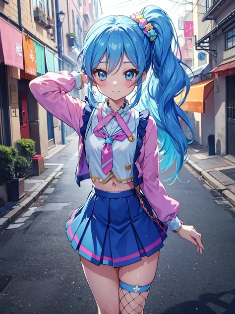 aikatsu,side_ponytail,blue hair,(nsfw:0.7),realism, (realistic:0.85), illustration, (old city:1.1), flasher, public indecency,  ...