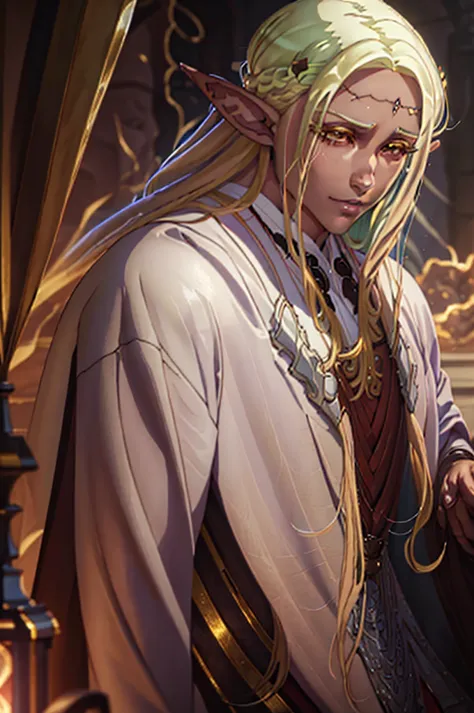 a handsome elf-drow man, blonde with long semi-wavy hair, dark skin, captivating golden eyes, wearing fine white clothes with go...