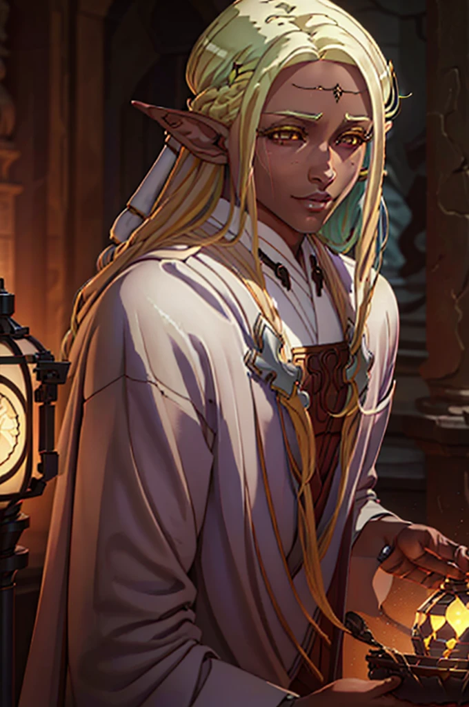 A handsome elf-drow man, blonde with long semi-wavy hair, dark skin, captivating golden eyes, wearing fine white clothes with gold accents, DnD fantasy style, cinematic lighting, intricate details, highly detailed, photorealistic, 8k, best quality, masterpiece
