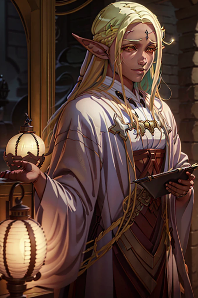 A handsome elf-drow man, blonde with long semi-wavy hair, dark skin, captivating golden eyes, wearing fine white clothes with gold accents, DnD fantasy style, cinematic lighting, intricate details, highly detailed, photorealistic, 8k, best quality, masterpiece
