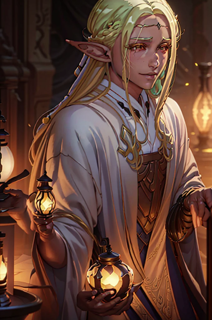 A handsome elf-drow man, blonde with long semi-wavy hair, dark skin, captivating golden eyes, wearing fine white clothes with gold accents, DnD fantasy style, cinematic lighting, intricate details, highly detailed, photorealistic, 8k, best quality, masterpiece
