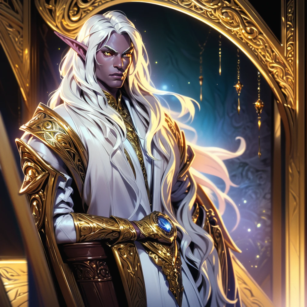 A handsome elf-drow man, blonde with long semi-wavy hair, dark skin, captivating golden eyes, wearing fine white clothes with gold accents, DnD fantasy style, cinematic lighting, intricate details, highly detailed, photorealistic, 8k, best quality, masterpiece
