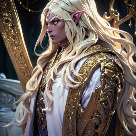 a handsome elf-drow man, blonde with long semi-wavy hair, dark skin, captivating golden eyes, wearing fine white clothes with go...