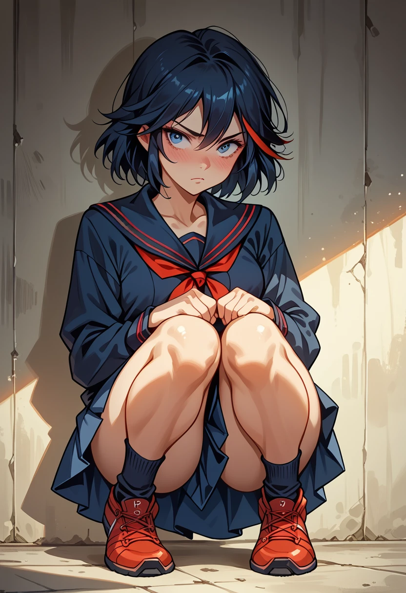 Beautiful, masterpiece, Best quality, very detailed face,  perfect lighting, 1 girl, One,  Matoi Ryuuko B, shadow, Suspender skirt, Squat,blush,  cowboy shot