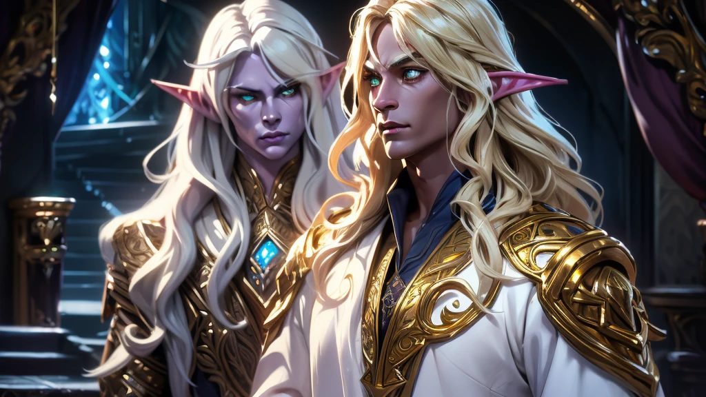 A handsome elf-drow man, blonde with long semi-wavy hair, dark skin, captivating golden eyes, wearing fine white clothes with gold accents, DnD fantasy style, cinematic lighting, intricate details, highly detailed, photorealistic, 8k, best quality, masterpiece
