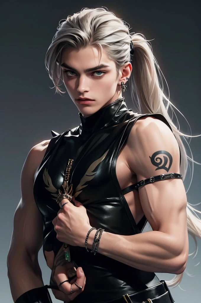 ((Best quality)), ((masterpiece)), (detailed), ((perfect face)), ((half of the body)) perfect proportions, he's a bad boy, 18 years old, he has disheveled long silver hair pulled back in a ponytail, green eyes, badass, he's sexy, He has a lot of piercings, he wears black skin, he has tattoos on his arms, he wears tight trousers and army boots, he wears accessories with spikes. It's against the background of a night city ((perfect to do)) The whole body+