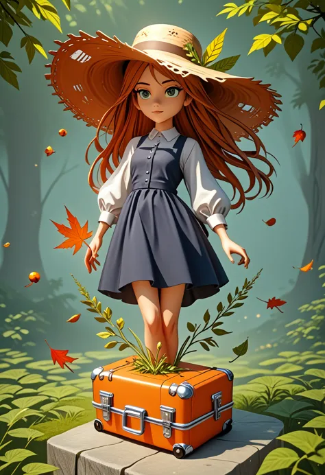 there is a suitcase with a straw hat on top.., clouds, atmosphere, leaves, chrysanthemums, hovering in the air, paper airplanes,...