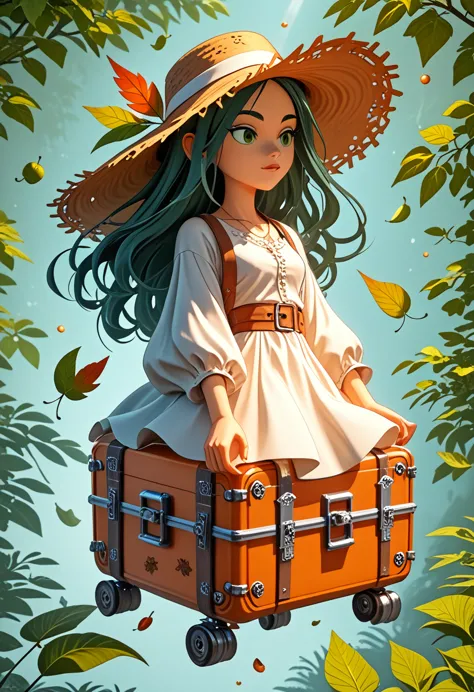 there is a suitcase with a straw hat on top.., clouds, atmosphere, leaves, chrysanthemums, hovering in the air, paper airplanes,...