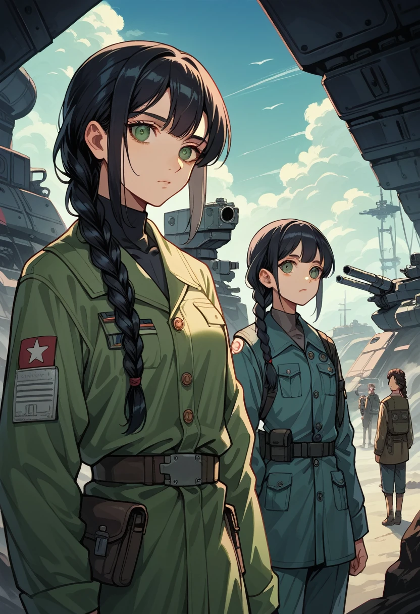 movie poster,((braided hairstyle : 1.5)),Anime reference 86 ,Science fiction,Science fiction,Movie,War Action Movie,Cosmos,atmosphere,sky,Battleship,several characters,women,Adults,green eyes,black hair,(Pia&#39;s Hairstyle with Bangs) : 1.8 ),(red glasses),General uniform,White commander uniform,Realistic facial details,Realism,3D face,