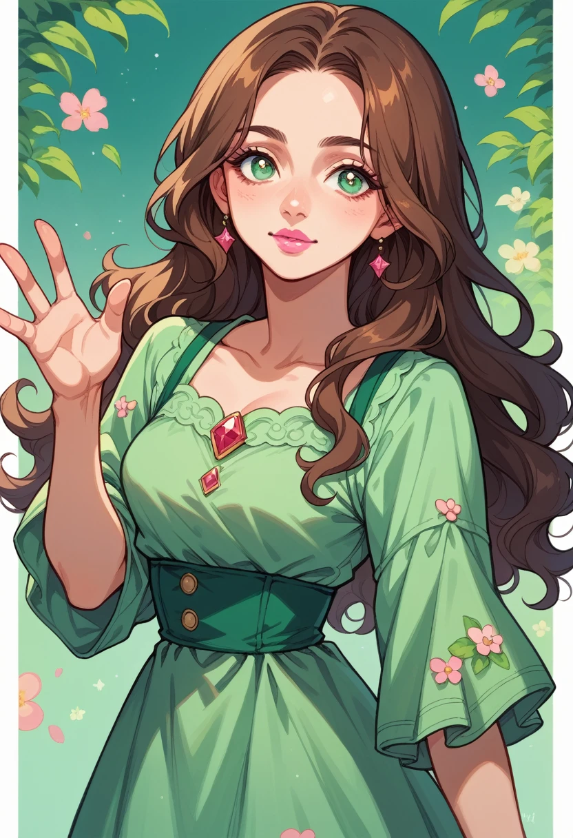 wavy long hair, Brown hair, 1 girl, Emerald eyes, waving two fingers, pink lips, pastel green dress,