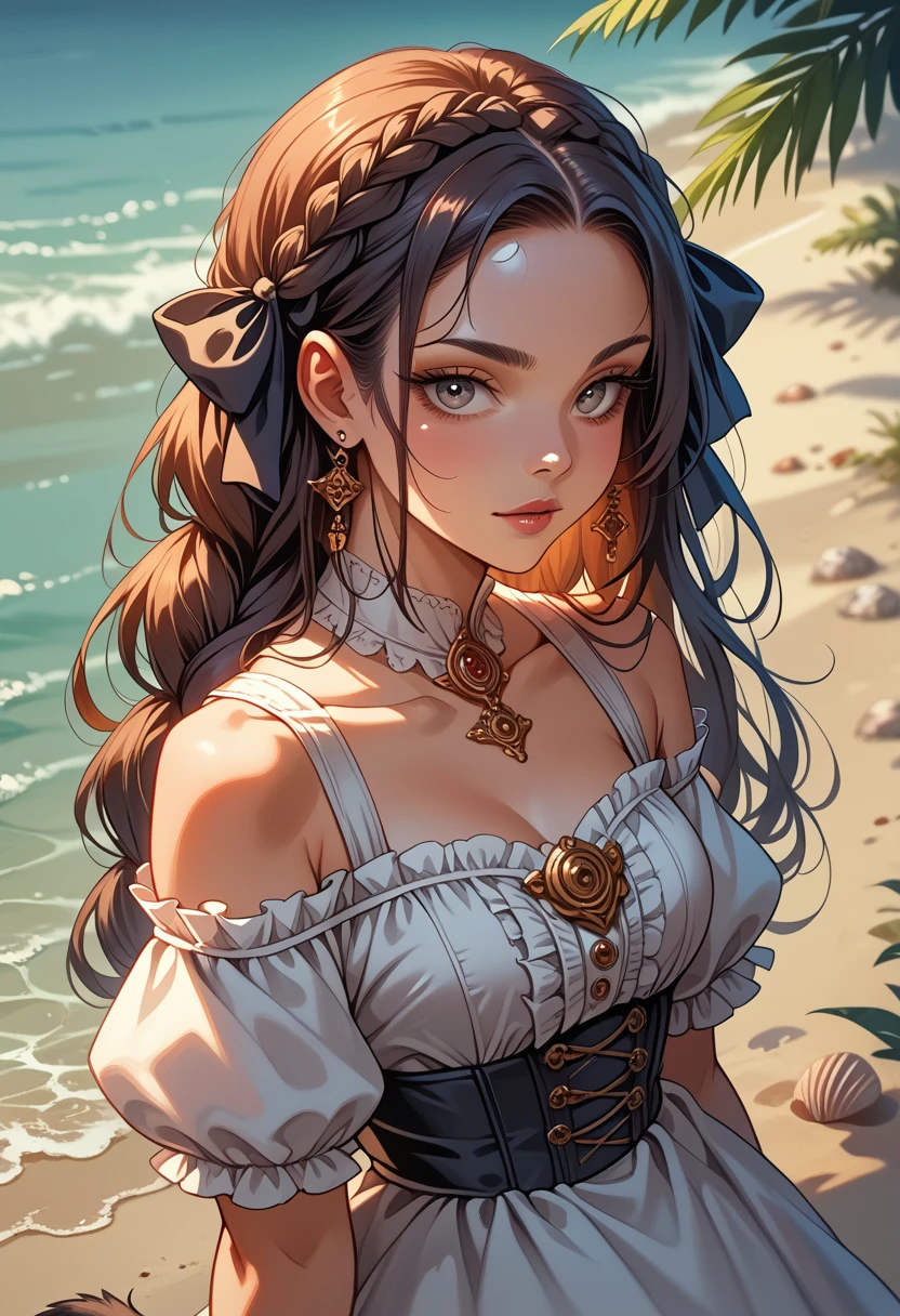 Best quality, ultra nothing, photorealistic, photo of a beautiful woman, 30-year-old adolescence, detailed face, black messy fishtail braid, (Detailed porcelain doll,delicate clothing with lots of frills and ribbons), beach, (face close up), seductive look, I look at the viewer