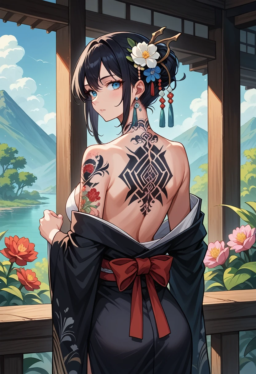 masterpiece, top quality, Best quality, official art, beautiful and aesthetically pleasing:1.2),1 girl, tattoo, One, japanese clothing, red and black kimono, hair ornament, unshelling, black hair, shell, back tattoo, dragon tattoo, Blue eyes, from the shoulder, bare shoulders, looking back, Behind, flower, I look at the viewer, holding, draw up, Open,