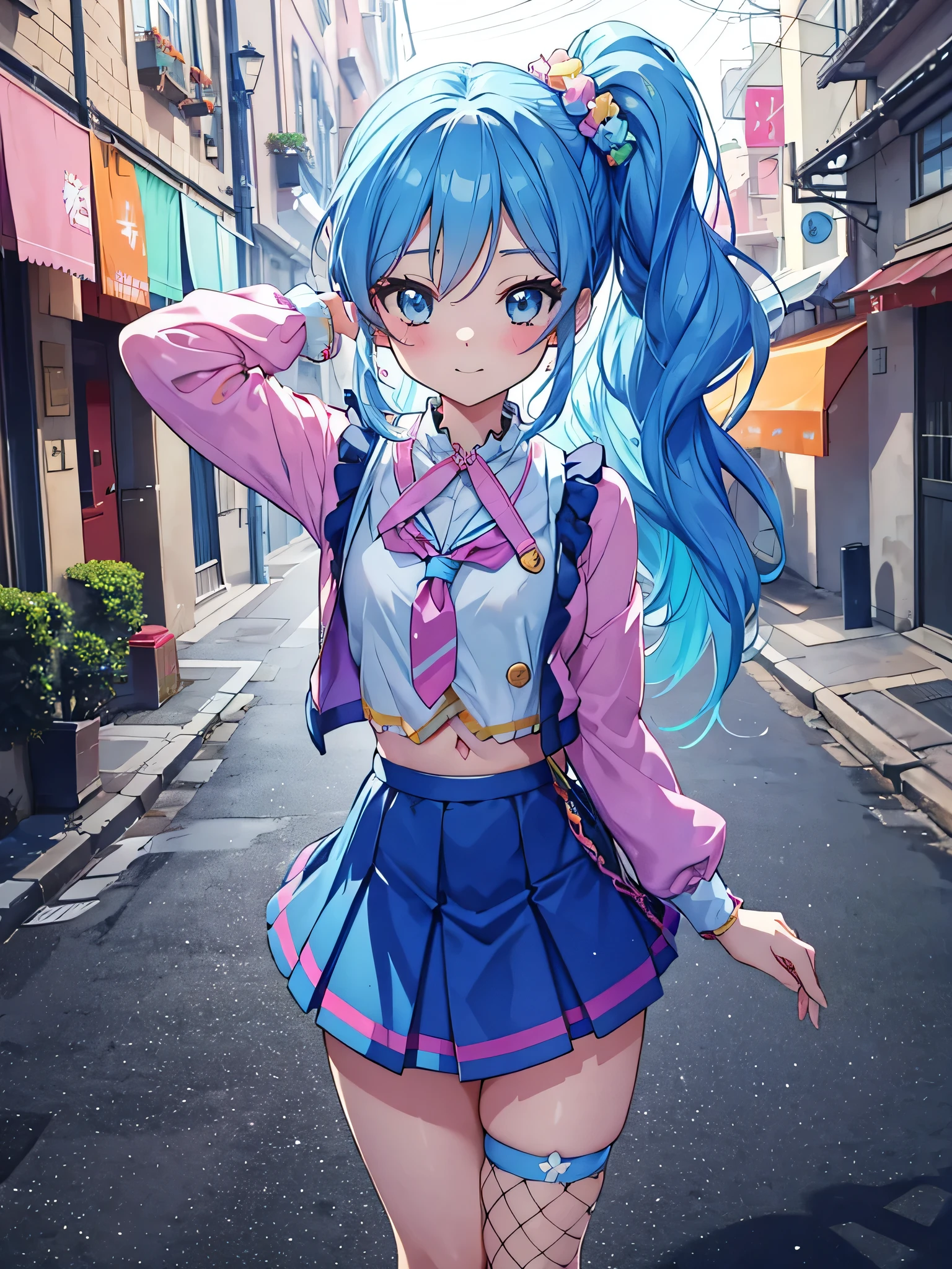 aikatsu,side_Ponytail,Blue HAIR,(nsfw:0.7),realism, (realistic:0.85), illustration, (old city:1.1), flasher, public indecency,  💫👧💖 is (standing:1.3) and wearing [harajuku school uniform:(kawaii pattern on clothes:1):(accessories on clothes:1.5):0.3], (cute accessories on multilayered hair:1.3), long sleeves, seductive grin smug, small breast, skirt, fishnet pantyhose, (revealing clothes:1.2), (colorful micro bikini:1.1), (forward pelvic:1.3), spread legs, hands behind head, fisheye