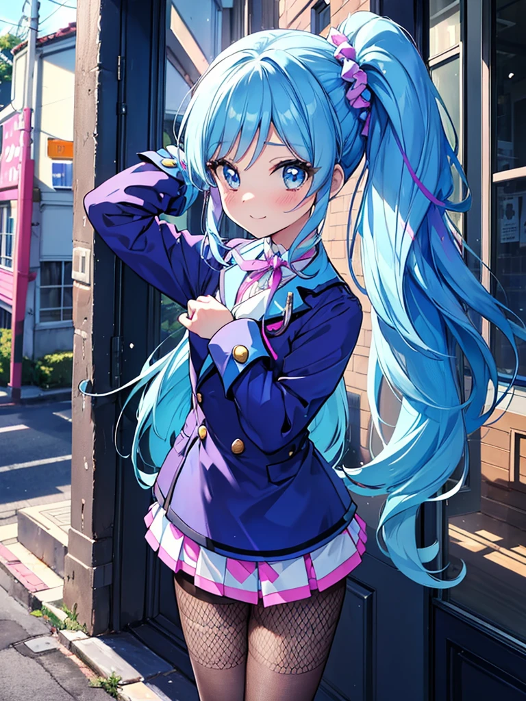 aikatsu,side_Ponytail,Blue HAIR,(nsfw:0.7),realism, (realistic:0.85), illustration, (old city:1.1), flasher, public indecency,  💫👧💖 is (standing:1.3) and wearing [harajuku school uniform:(kawaii pattern on clothes:1):(accessories on clothes:1.5):0.3], (cute accessories on multilayered hair:1.3), long sleeves, seductive grin smug, small breast, skirt, fishnet pantyhose, (revealing clothes:1.2), (colorful micro bikini:1.1), (forward pelvic:1.3), spread legs, hands behind head, fisheye