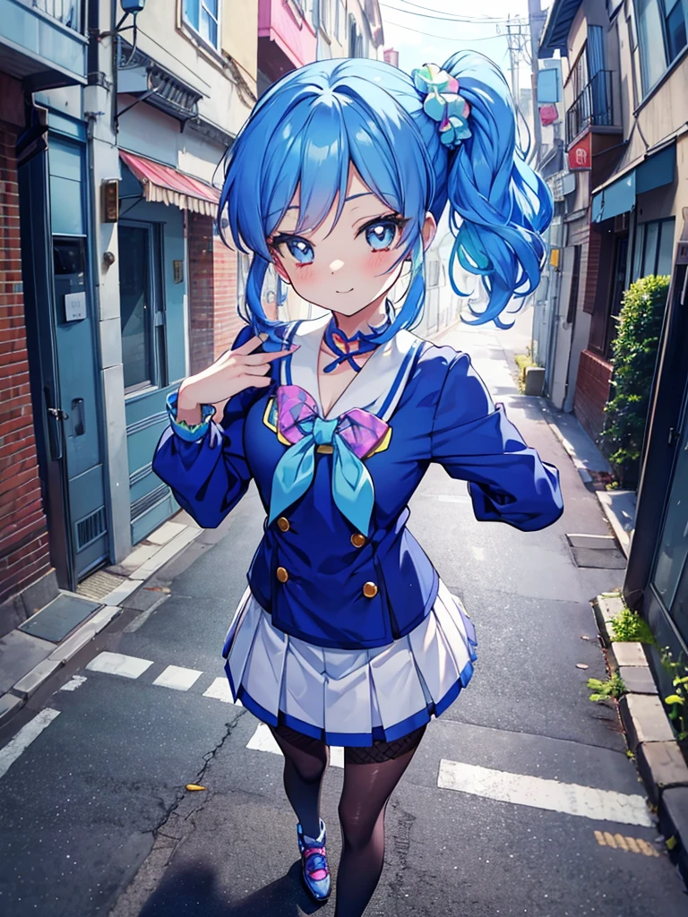 aikatsu,side_Ponytail,Blue HAIR,(nsfw:0.7),realism, (realistic:0.85), illustration, (old city:1.1), flasher, public indecency,  💫👧💖 is (standing:1.3) and wearing [harajuku school uniform:(kawaii pattern on clothes:1):(accessories on clothes:1.5):0.3], (cute accessories on multilayered hair:1.3), long sleeves, seductive grin smug, small breast, skirt, fishnet pantyhose, (revealing clothes:1.2), (colorful micro bikini:1.1), (forward pelvic:1.3), spread legs, hands behind head, fisheye