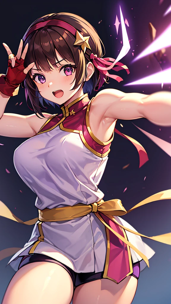 masterpiece, best quality, highres, 1girl, solo, 1girl, solo, ((Split hair)), ((brown hair)), ((purple hair)). heterochromia, brown eyes and purple eyes, yurims, headband, dougi, spandex, gloves, fingerless gloves, leggings, asamiya_chinese_dress_ownwaifu,purple hair,short hair,purple eyes,gloves,hairband ,fingerless gloves,breasts,dress,hair ornament,star (symbol),chinese clothes,red hairband,star hair ornament,bare shoulders,china dress,bangs,shorts,ribbon,red gloves,jewelry,hair ribbon, happy, open mouth, cowboy shot, simple background