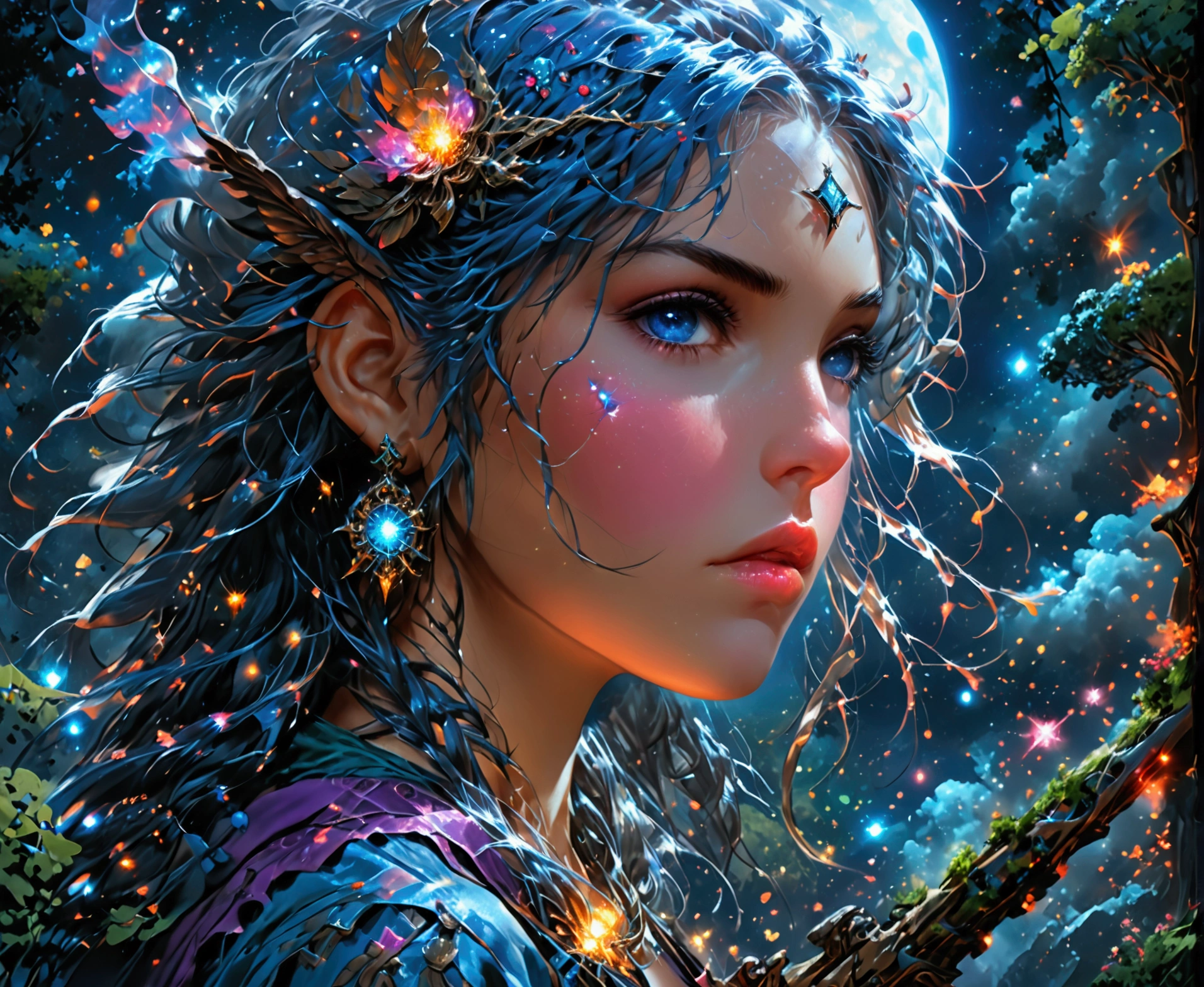 comic art  ((larry elmore style)), dnd art, rpg art, realistic art, female human druid of the stars, guardian of nature, controlling magical energy made of stars, swirling blue stary magical light, divine symbols, under the sky filled with stars, human female, busty, extremally beautiful, ultra feminine, dynamic hair, dynamic hair color, wearing leather armor, holding a staff, moon light, stars,  dynamic natural background,  RPG art, magical atmosphere magic-fantasy-sky full with colorful stars, high details, best quality, 16k, [ultra detailed], masterpiece, best quality, (extremely detailed), dynamic angle, ultra wide shot, photorealistic, ((fantasy art)) ultra best realistic, best details, best quality, 16k, [ultra detailed], masterpiece, best quality, (extremely detailed), ultra wide shot, photorealism, depth of field, hyper realistic painting, rpg portrait, mad-nbla