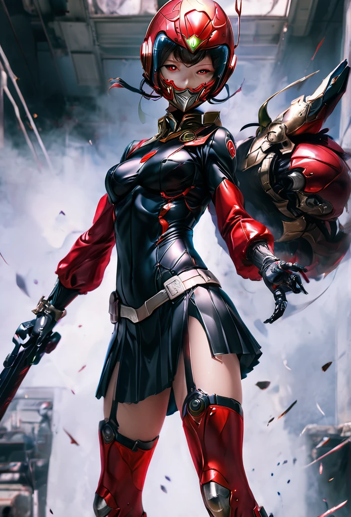 Wearing a revealing combat suit、Female Kamen Rider、miniskirt、Red big eye helmet、Combat pose