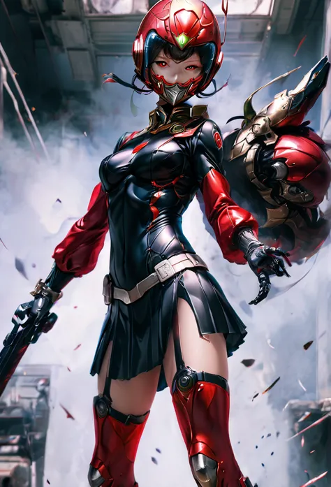 wearing a revealing combat suit、female kamen rider、miniskirt、red big eye helmet、combat pose