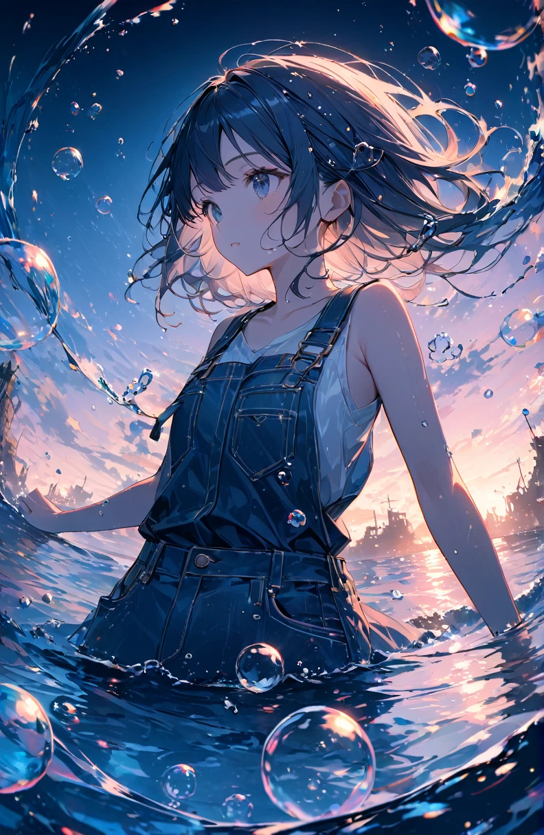 ((Amazingly absurd)),超High resolution, Attention to detail, high quality, High resolution, 最high quality, 4K, 8k、A sunken ruin、Girl in the water、Surrounded by bubbles、A world of deep blue、Overall, a work in deep blue tones