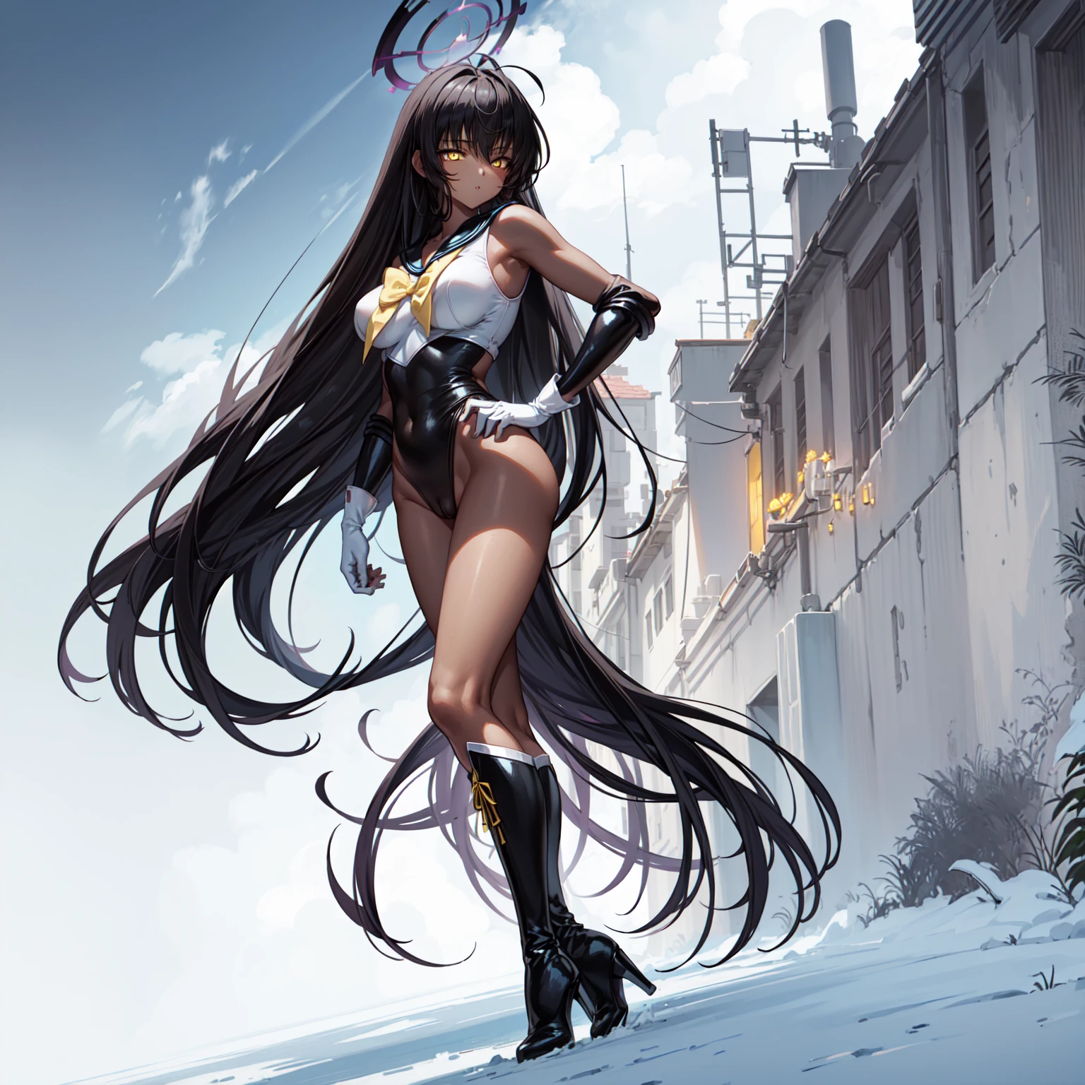 ultra high res,(1girl:1.5),blue archive, Kakudate Karin, Ahoge, Black Hair, Dark Skin,dark skin, Dark skinned women, Hello, Long Hair, (Yellow Eyes:1.5), standing,BREAK,high cut leotard, dig into butt,(sailor senshi uniform,  knee boots,long gloves, elbow gloves,sailor pluto :1.3),(masterpiece:1.2), Highest quality, High resolution, Unity 8k , (ultra detailed eye:1.3),ultra detailed, , (Perfect hands, Perfect Anatomy), full body ,,(nsfw,from back,spreading legs,turn around,revealing breasts),(muscular body, long legs),huge breasts,small butt
,BREAK,no background,