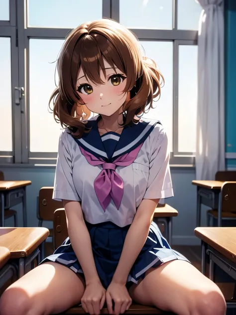 masterpiece、ultra-precision,kumiko omae、ブラウンのhair、sitting,classroom、alone, {you_kumiko_euphonium sound:1.15}, closed mouth、茶色のha...