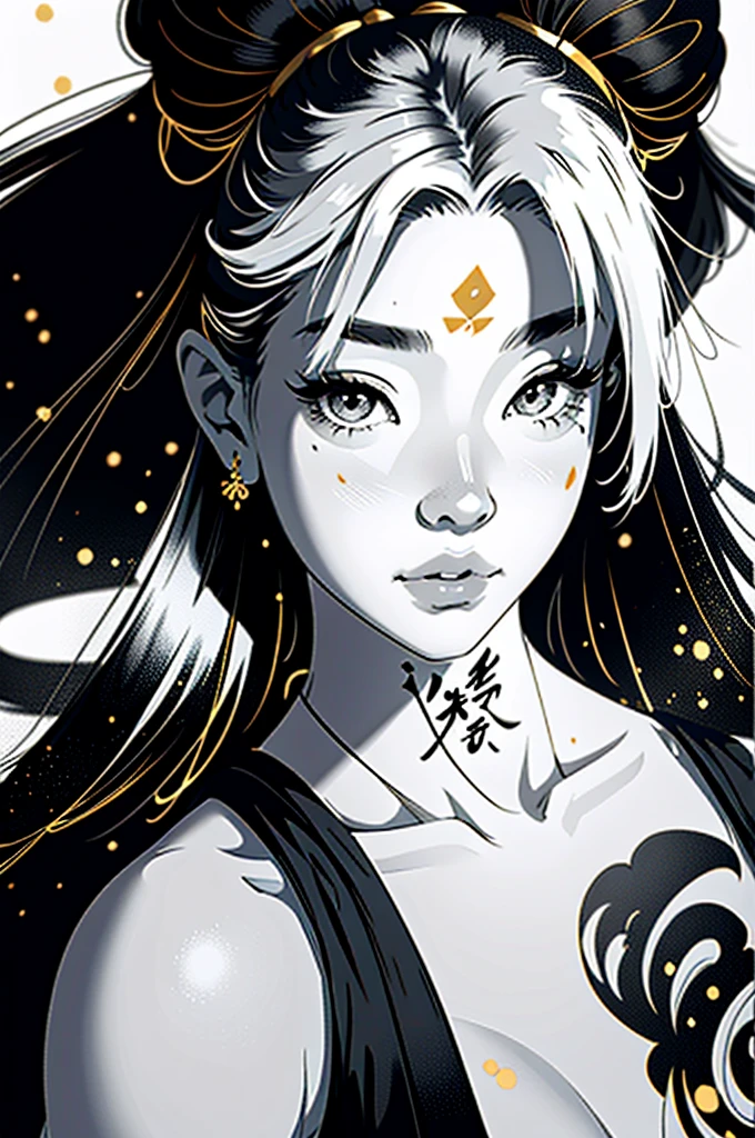 (1 girl: 1,3), ((black and white)), geisha, ((zen)), (masterpiece, highest quality, best quality: 1,3), extremely detailed background, Zen calligraphy, unique visual effect. behind, curvy, golden hair. realistic