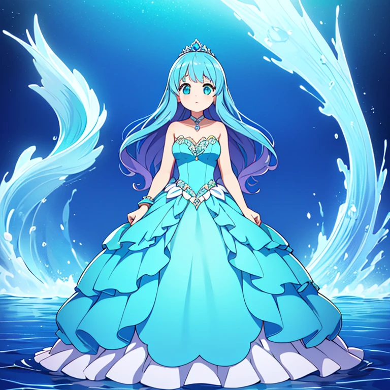 Full body, beautiful eyes , 1 girl  , full body , cute girl , anime style , cute eyes  , (standing up) , (Age: Early 40s
Hair: Long and flowing, often styled in waves or curls that mimic the movement of water
Eyes: Deep blue, reflecting her affinity with water
Attire: Serena’s outfit is elegant and practical, often featuring flowing, water-themed garments in shades of blue and turquoise. She may wear accessories like shell jewelry or wave-patterned elements to accentuate her connection to the aquatic world.) , ballgown , puffy ballgown , (princess) , (Sleeveless gown) , (strapless gown)