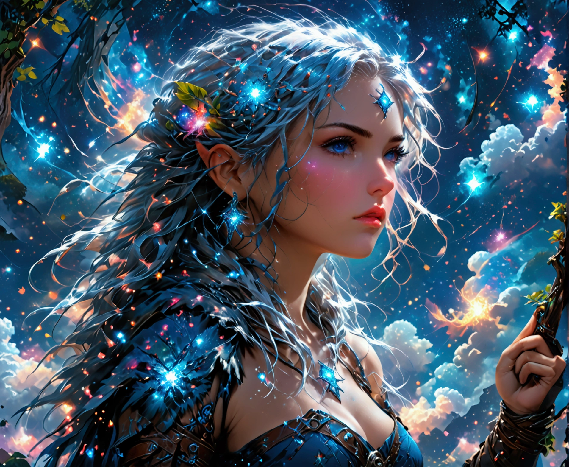 comic art , dnd art, rpg art, realistic art, female human druid of the stars, guardian of nature, controlling magical energy made of stars, swirling blue stary magical light, divine symbols, under the sky filled with stars, human female, busty, extremally beautiful, ultra feminine, dynamic hair, dynamic hair color, wearing leather armor, holding a staff, moon light, stars,  dynamic natural background,  RPG art, magical atmosphere magic-fantasy-sky full with colorful stars, high details, best quality, 16k, [ultra detailed], masterpiece, best quality, (extremely detailed), dynamic angle, ultra wide shot, photorealistic, ((fantasy art)) ultra best realistic, best details, best quality, 16k, [ultra detailed], masterpiece, best quality, (extremely detailed), ultra wide shot, photorealism, depth of field, hyper realistic painting, rpg portrait, mad-nbla