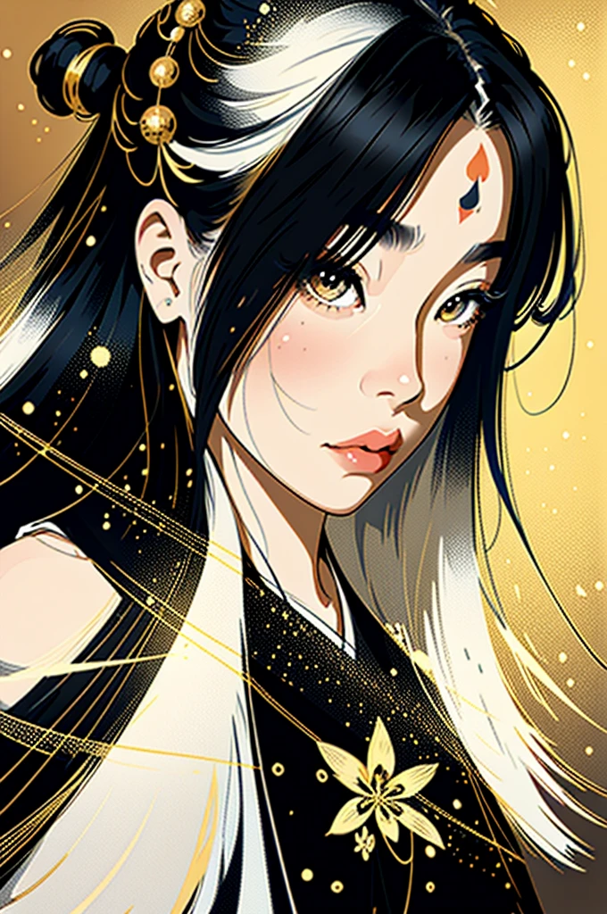 (1 girl: 1,3), ((black and white)), geisha, ((zen)), (masterpiece, highest quality, best quality: 1,3), extremely detailed background, Zen calligraphy, unique visual effect. behind, curvy, golden hair. realistic. golden hair. The whole body+