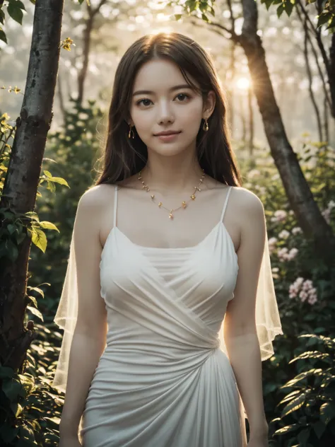 1girl, standing, in the park, draped (see-through:1.2) white dress, opulent golden-trim, detailed face, (looking at viewer:1.4),...