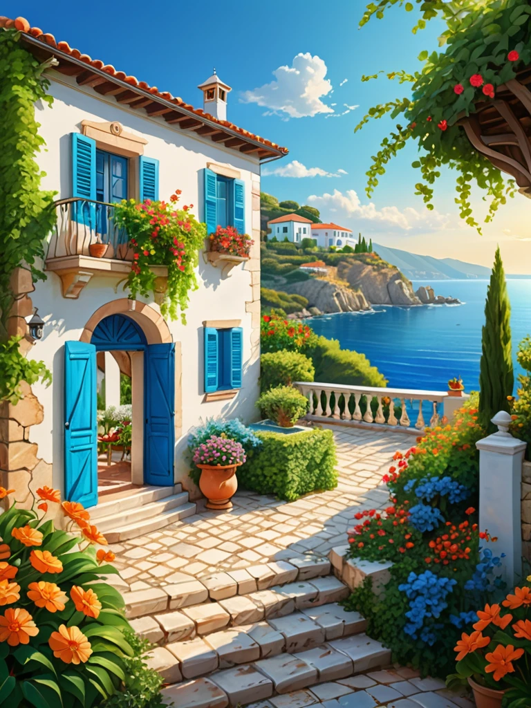  Create detailed digital painting anime style scene of a coastal Mediterranean villa nestled among lush greenery and colorful flowers. The villa features whitewashed walls, terracotta roof tiles, and large windows with blue shutters that overlook a serene blue ocean. Vines and blooming flowers cascade from the villa’s balcony and climb the stone walls, creating a harmonious blend of nature and architecture. The sun shines brightly, casting warm light on the cobblestone pathway leading to the villa, and illuminating the surrounding greenery. In the background, rolling hills and a tranquil sea stretch into the distance under a clear, blue sky. The scene should evoke a sense of peaceful beauty and the timeless charm of a coastal retreat.with detailed digital painting and vibrant yet soft colors      4k hd,, beautiful art uhd 4 k, a beautiful artwork illustration, beautiful digital painting, highly detailed digital painting, beautiful digital artwork, detailed painting 4 k, very detailed digital painting, rich picturesque colors, gorgeous digital painting, no human