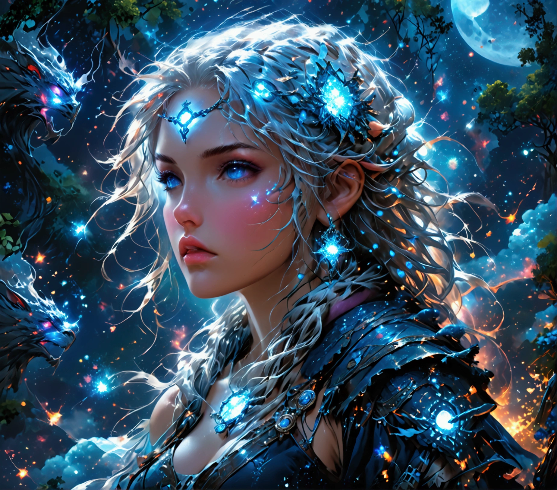 comic art , dnd art, rpg art, realistic art, female human druid of the stars, guardian of nature, controlling magical energy made of stars, swirling blue stary magical light, divine symbols, (under the sky filled with stars: 1.4, human female, busty, extremally beautiful, ultra feminine, dynamic hair, dynamic hair color, wearing leather armor, holding a staff, moon light, stars,  dynamic natural background,  RPG art, magical atmosphere magic-fantasy-sky full with colorful stars, high details, best quality, 16k, [ultra detailed], masterpiece, best quality, (extremely detailed), dynamic angle, ultra wide shot, photorealistic, ((fantasy art)) ultra best realistic, best details, best quality, 16k, [ultra detailed], masterpiece, best quality, (extremely detailed), ultra wide shot, photorealism, depth of field, hyper realistic painting, rpg portrait, mad-nbla