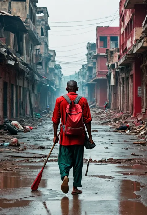 deddyfebriyadi, *a lone man, with a face showing fatigue and toughness, walks on an empty street. surrounding him are broken bui...