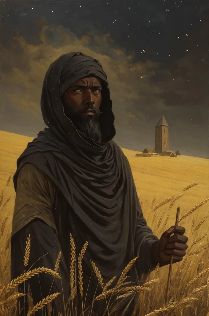 A painting of a young man in a dark wheatfield, Ethiopian medieval peasant, survivor, scuffed face, sad painting, empty defeated eyes, meek, frail, very gaunt, in a golden field at night, empty night sky, pitch-black sky, charcoal colored sky, very tall field, crude art, paint streaks, very low visibility, eerie, close up, messy painting, hiding in wheat field, midnight, bandages covering stump, missing arm, wounded, plagued, long scruffy hair, scuffed garments, scruffy black beard