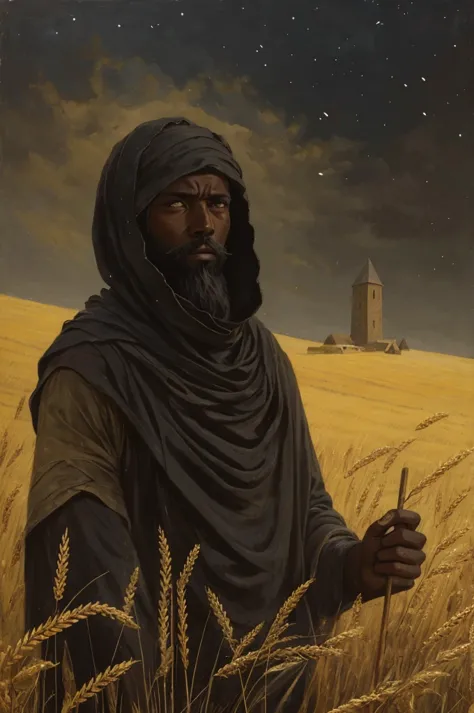 a painting of a young man in a dark wheatfield, ethiopian medieval peasant, survivor, scuffed face, sad painting, empty defeated...