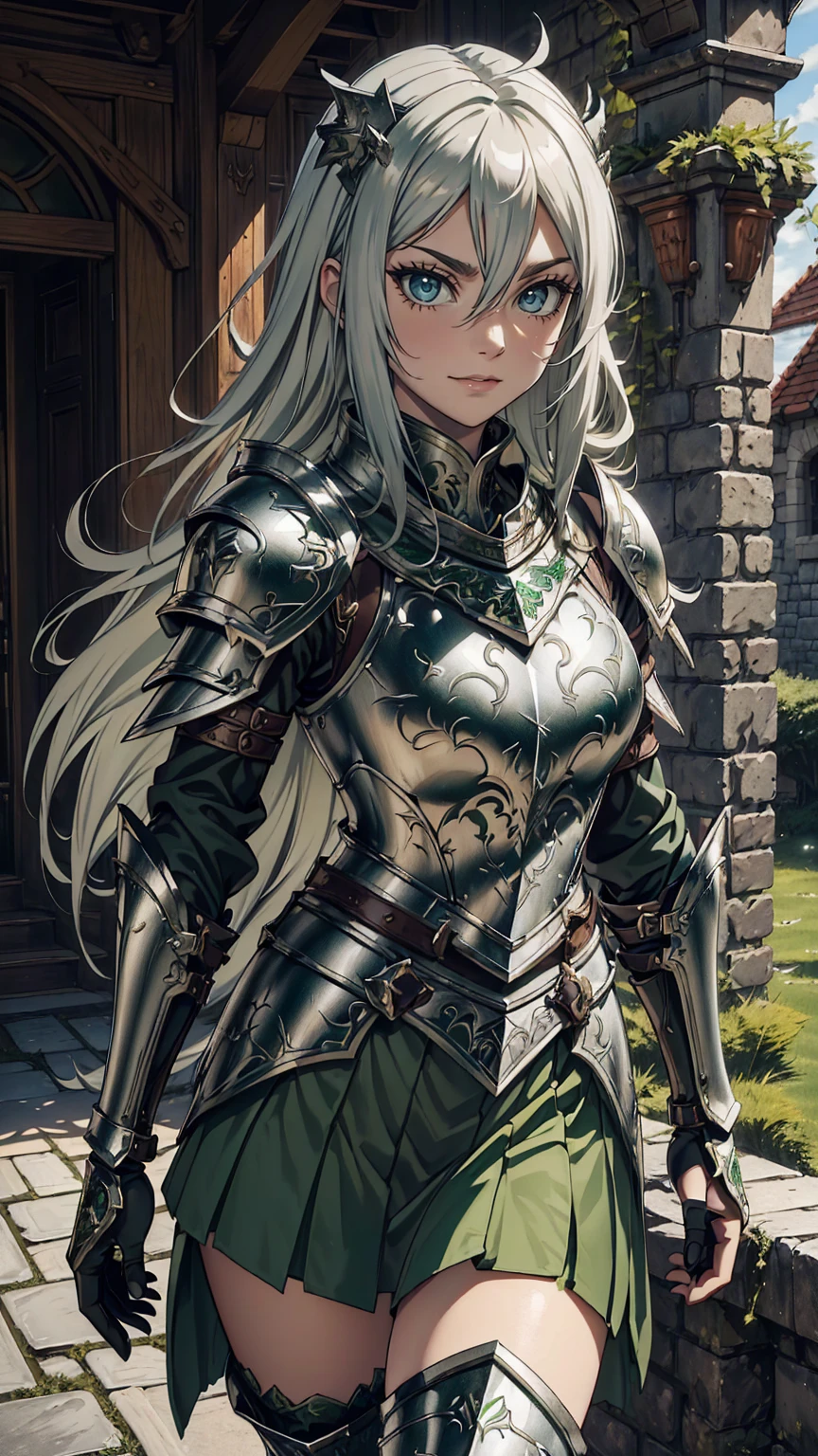 最high quality、Ultra High Definition, Ultra High Quality, Hyper Detailed, Extremely Detailed, Best image quality、masterpiece、anime woman((20-year-old、super dynamic pose , Dancing, Green solid eyes, Silver long Hair 、Disheveled Hair 、Long White Hair, Glove、Green Skirt,  Nature Design Armor, Smirk, cheerful expression, charismatic, Detailed Cuirass , Wearing  Full Coverage Fantasy Plate Armor, leg armor))Beautiful art、background((Inside the castle))、Written boundary depth、anime style,Visual Art, 8K,Genuine