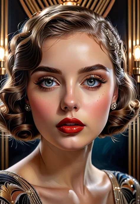 a girl in an art deco style portrait, highly detailed, realistic, oil painting, dramatic lighting, beautiful detailed eyes, beau...