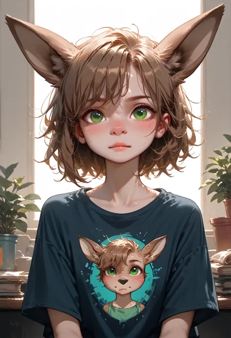 lotte, deer girl, furry female, body fur, animal nose, snout, animal ears, green eyes, brown hair, short hair, freckles,