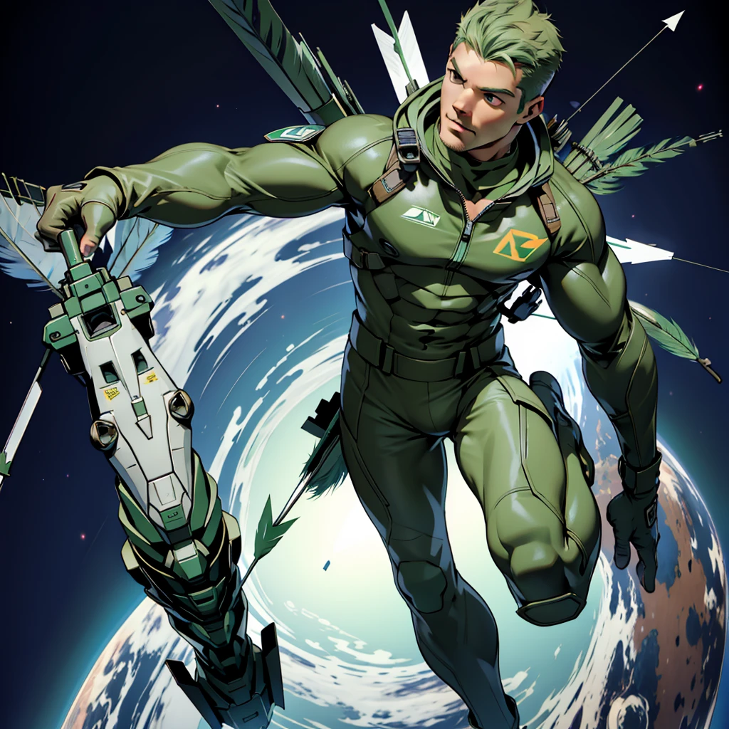 32k,masterpiece, best quality, detailed face, natural eyes,1man, solo mature man, muscled and mature, stephen amell as an astronaut wearing future space suit, dark green suit, showing muscles and bulge ,(((floating like a feather))) in the space inside a space shuttle , (((with "arrow" text and logo on his suit ))),  (((full body))), intricate Detailed background 