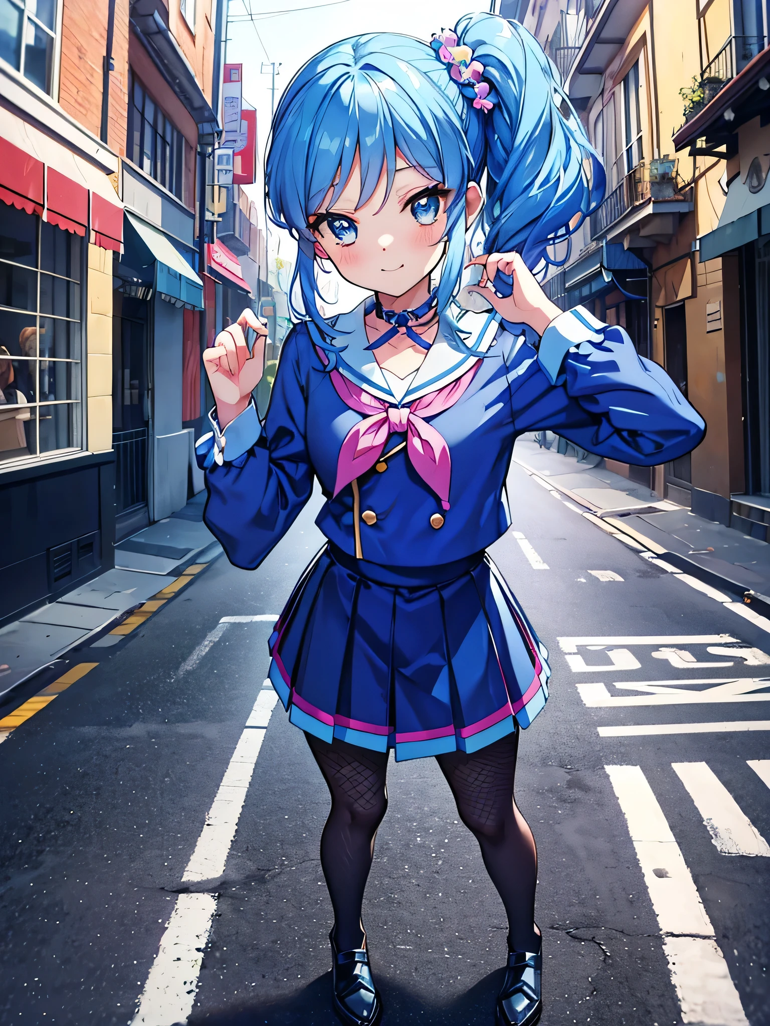 aikatsu,side_Ponytail,Blue HAIR,(nsfw:0.7),realism, (realistic:0.85), illustration, (old city:1.1), flasher, public indecency,  💫👧💖 is (standing:1.3) and wearing [harajuku school uniform:(kawaii pattern on clothes:1):(accessories on clothes:1.5):0.3], (cute accessories on multilayered hair:1.3), long sleeves, seductive grin smug, small breast, skirt, fishnet pantyhose, (revealing clothes:1.2), (colorful micro bikini:1.1), (forward pelvic:1.3), spread legs, hands behind head, fisheye