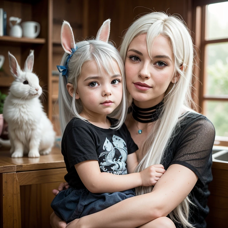 girl with white hair, Child,rabbit, Half-dragon