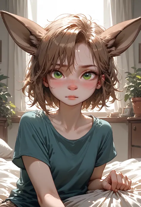 lotte, deer girl, furry female, body fur, animal nose, snout, animal ears, green eyes, brown hair, short hair, freckles,