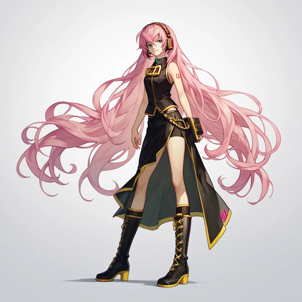 1 girla(cool, vocaloid, Luka Megurine, pink hair, long hair, straight hair, black headphone, sleeveless black short suit, side slit black skirt, black long socks, yellow long boots)