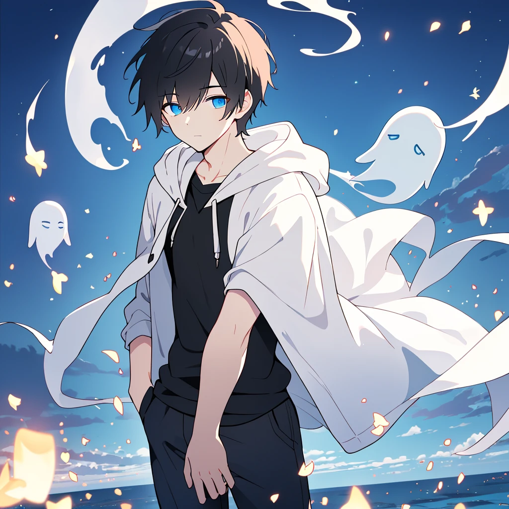 A handsome young man with short black hair and deep blue eyes, With a sleepy look, Floating in the air, Ghostly male figure wearing a hoodie and pants, (Highest quality,4K,8k,High resolution,masterpiece:1.2),Very detailed