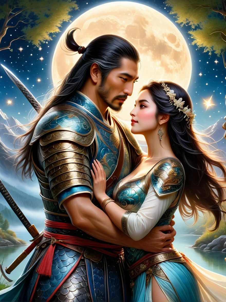 A vivid depiction of a romantic scene under the glistening stars and luminous moonlight. A brave Middle-Eastern samurai in his forties is seen clad in ornate armor, and clinched in an embrace with an entrancing female high elf archer of Hispanic descent. His strong arm tightly wrapped around her, eyes interlocked with serious passion and deep love. The setting is a serene woodland by a rejuvenating spring and a crystalline small lake. The backdrop details lofty mountains far away, touched by the soft glow of the stars above. Exquisite elements of fantasy and romance are merged to paint this scene of profound affection.