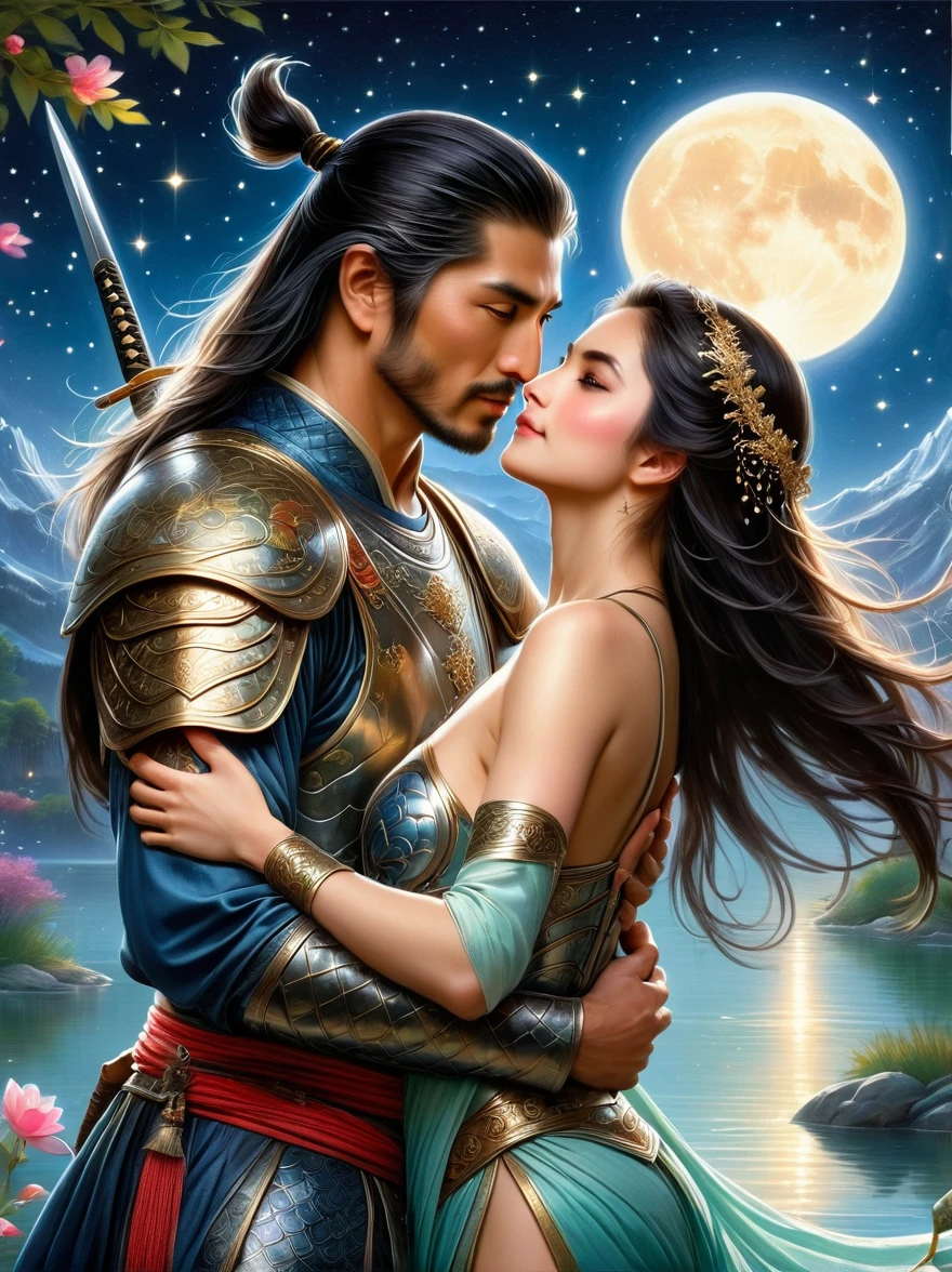 A vivid depiction of a romantic scene under the glistening stars and luminous moonlight. A brave Middle-Eastern samurai in his forties is seen clad in ornate armor, and clinched in an embrace with an entrancing female high elf archer of Hispanic descent. His strong arm tightly wrapped around her, eyes interlocked with serious passion and deep love. The setting is a serene woodland by a rejuvenating spring and a crystalline small lake. The backdrop details lofty mountains far away, touched by the soft glow of the stars above. Exquisite elements of fantasy and romance are merged to paint this scene of profound affection.